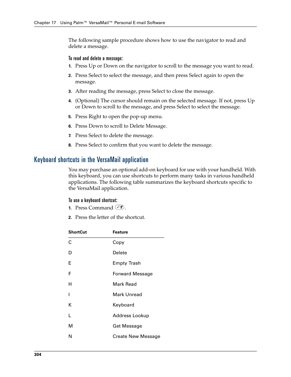 To read and delete a message, Keyboard shortcuts in the versamail application, To use a keyboard shortcut | Palm TUNGSTEN T2 User Manual | Page 318 / 502