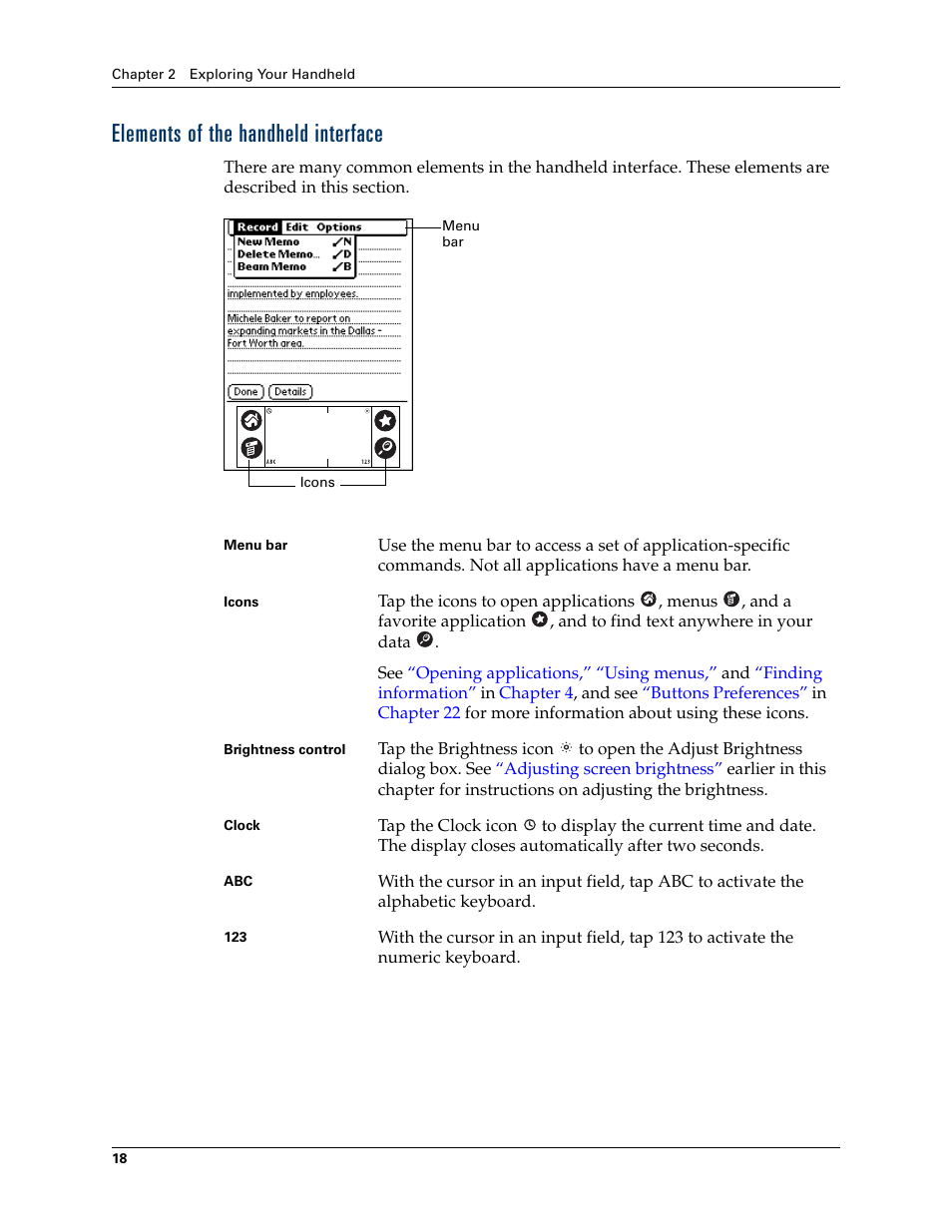 Elements of the handheld interface | Palm TUNGSTEN T2 User Manual | Page 32 / 502