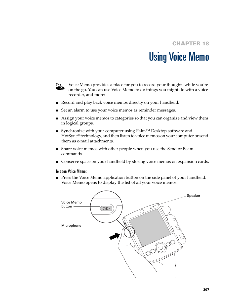 Using voice memo, To open voice memo, Chapter 18: using voice memo | Chapter 18 | Palm TUNGSTEN T2 User Manual | Page 321 / 502