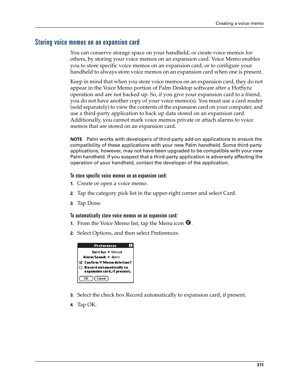 Storing voice memos on an expansion card, To store specific voice memos on an expansion card, Storing | Voice memos on an expansion card | Palm TUNGSTEN T2 User Manual | Page 325 / 502