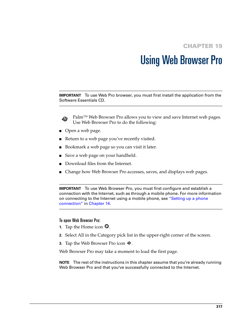 Using web browser pro, To open web browser pro, Chapter 19: using web browser pro | Chapter 19 | Palm TUNGSTEN T2 User Manual | Page 331 / 502