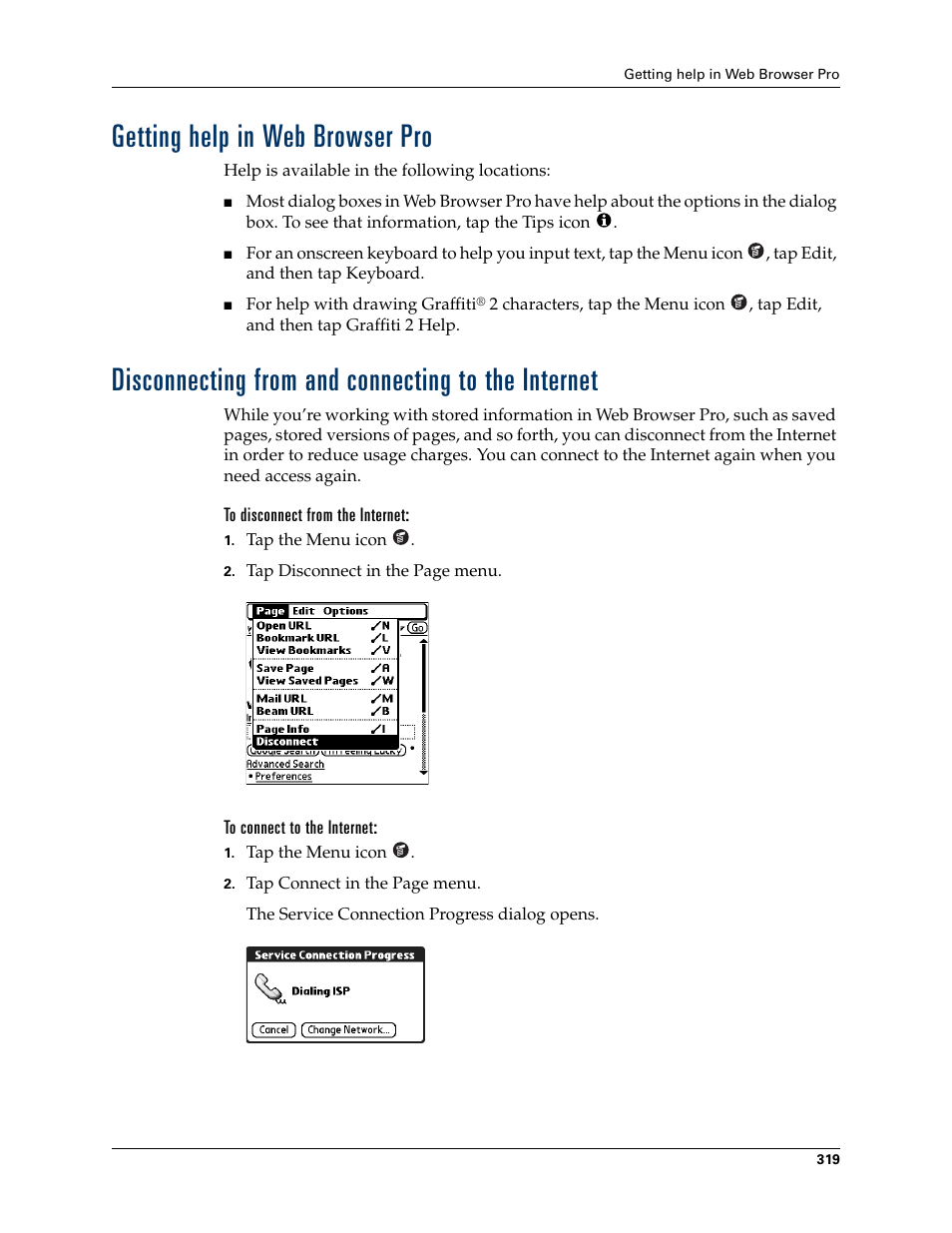 Getting help in web browser pro, Disconnecting from and connecting to the internet, To disconnect from the internet | To connect to the internet | Palm TUNGSTEN T2 User Manual | Page 333 / 502