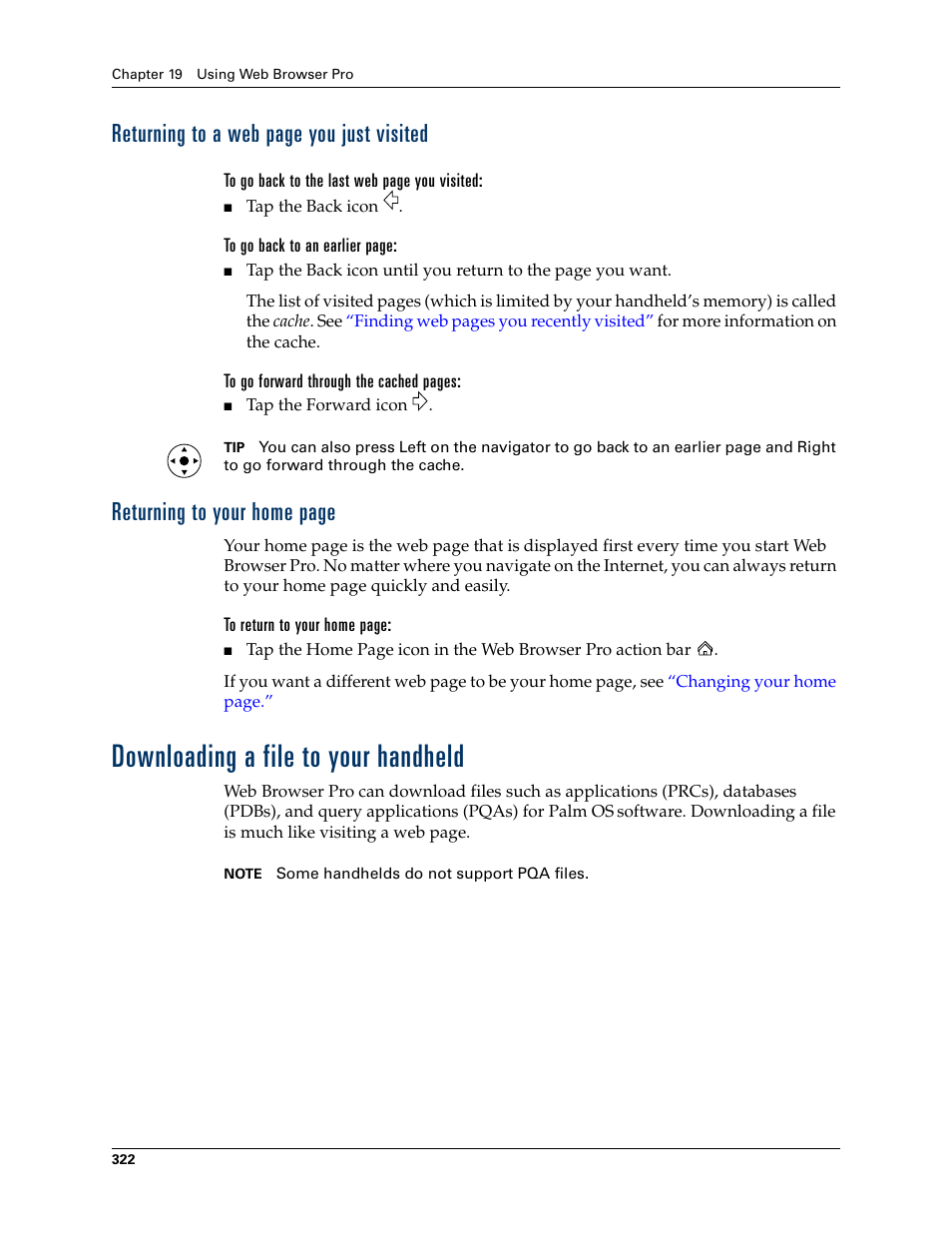 Downloading a file to your handheld, Returning to a web page you just visited, Returning to your home page | Palm TUNGSTEN T2 User Manual | Page 336 / 502