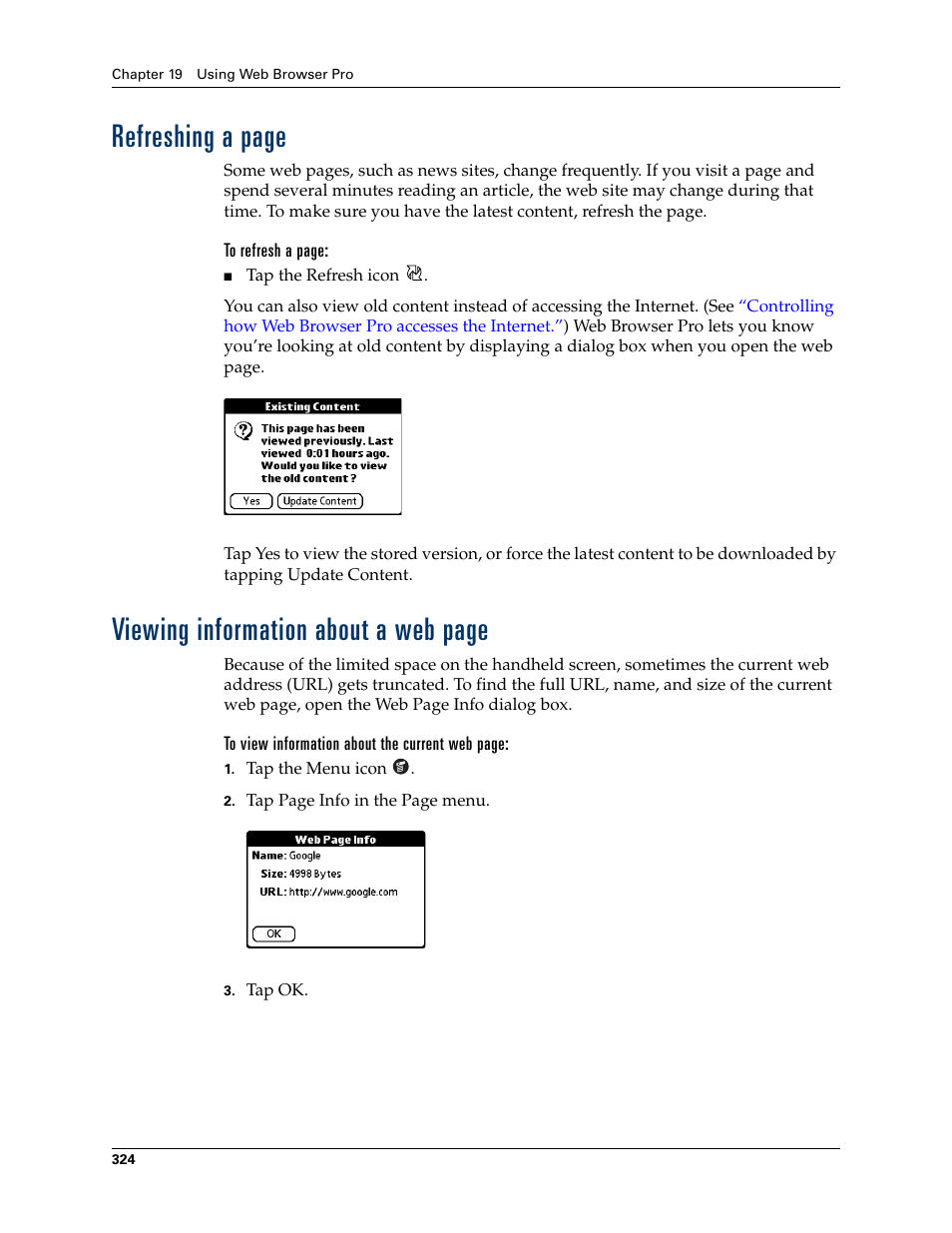 Refreshing a page, Viewing information about a web page | Palm TUNGSTEN T2 User Manual | Page 338 / 502