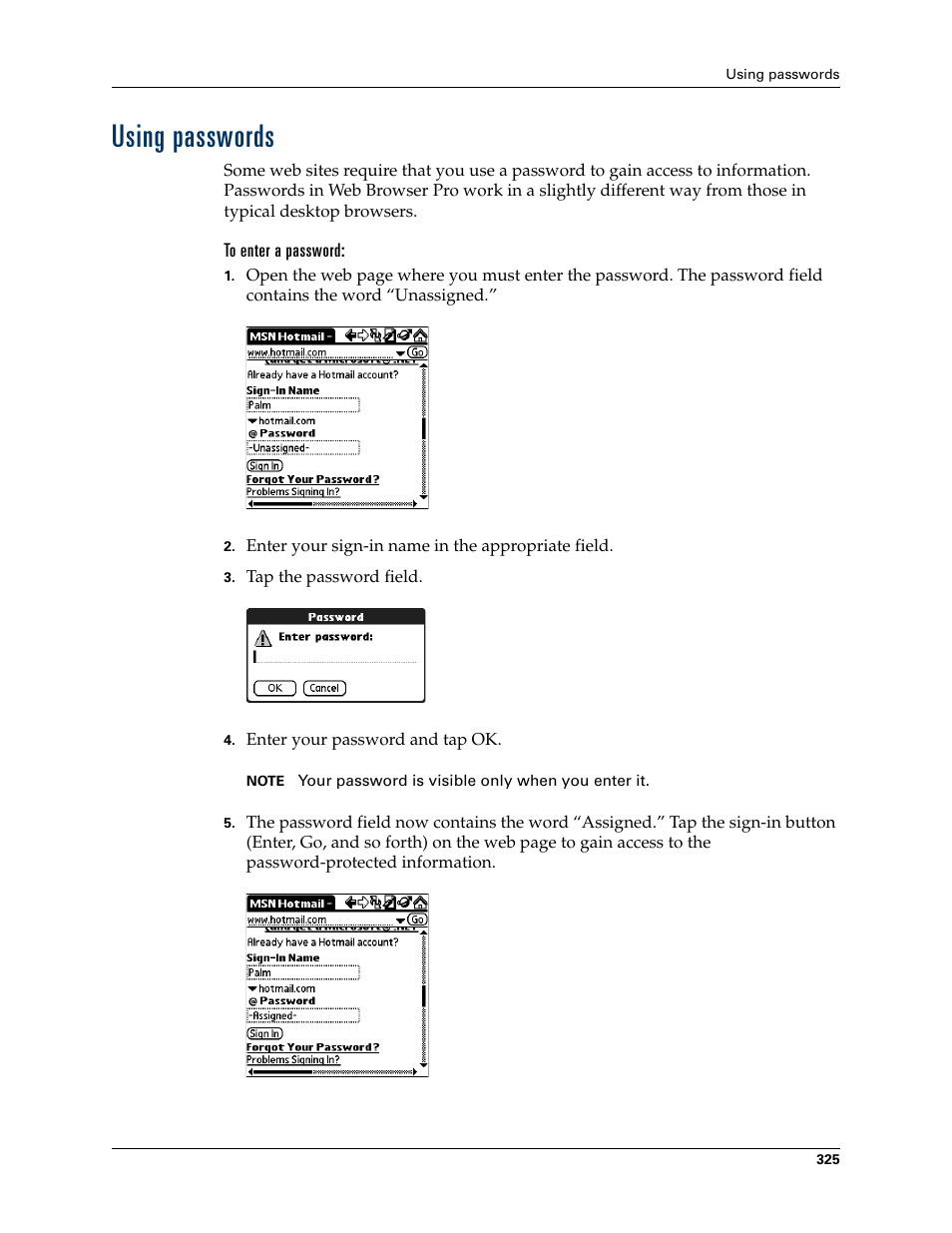 Using passwords, To enter a password | Palm TUNGSTEN T2 User Manual | Page 339 / 502