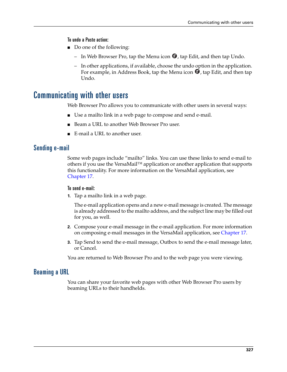 To undo a paste action, Communicating with other users, Sending e-mail | To send e-mail, Beaming a url, Sending e-mail beaming a url | Palm TUNGSTEN T2 User Manual | Page 341 / 502