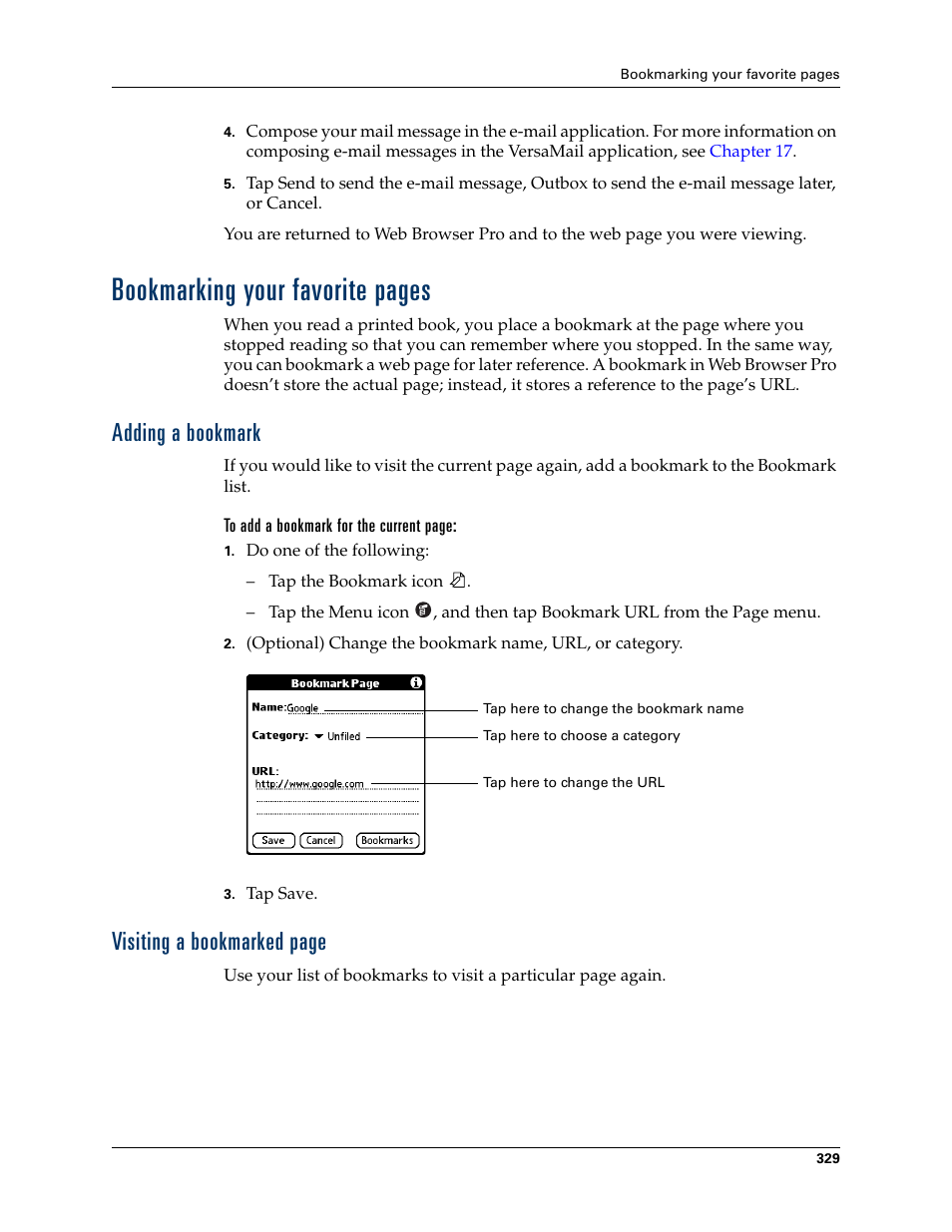 Adding a bookmark, Bookmarking your favorite pages, Visiting a bookmarked page | Palm TUNGSTEN T2 User Manual | Page 343 / 502