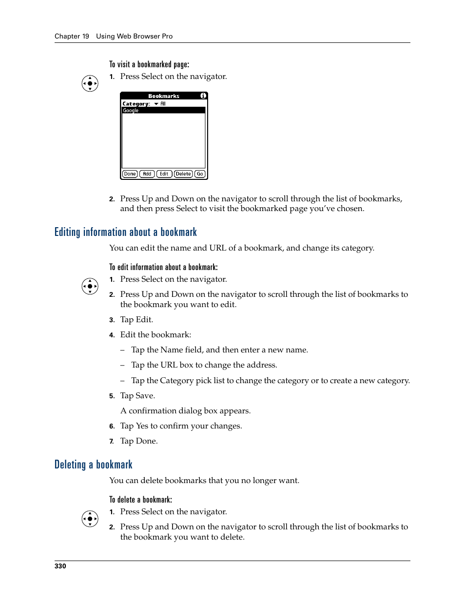 Editing information about a bookmark, To edit information about a bookmark, Deleting a bookmark | To delete a bookmark | Palm TUNGSTEN T2 User Manual | Page 344 / 502