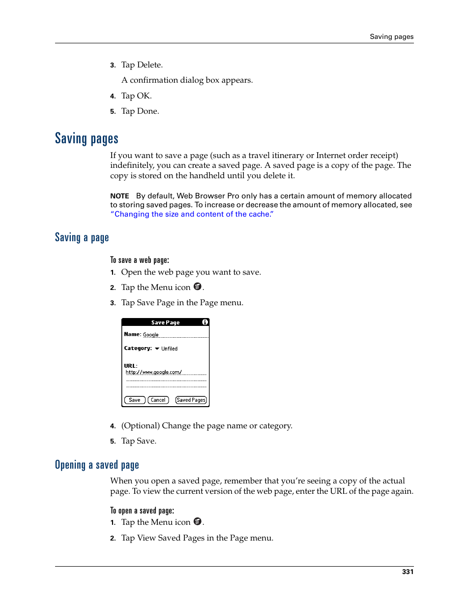 Saving pages, Saving a page, Opening a saved page | Palm TUNGSTEN T2 User Manual | Page 345 / 502