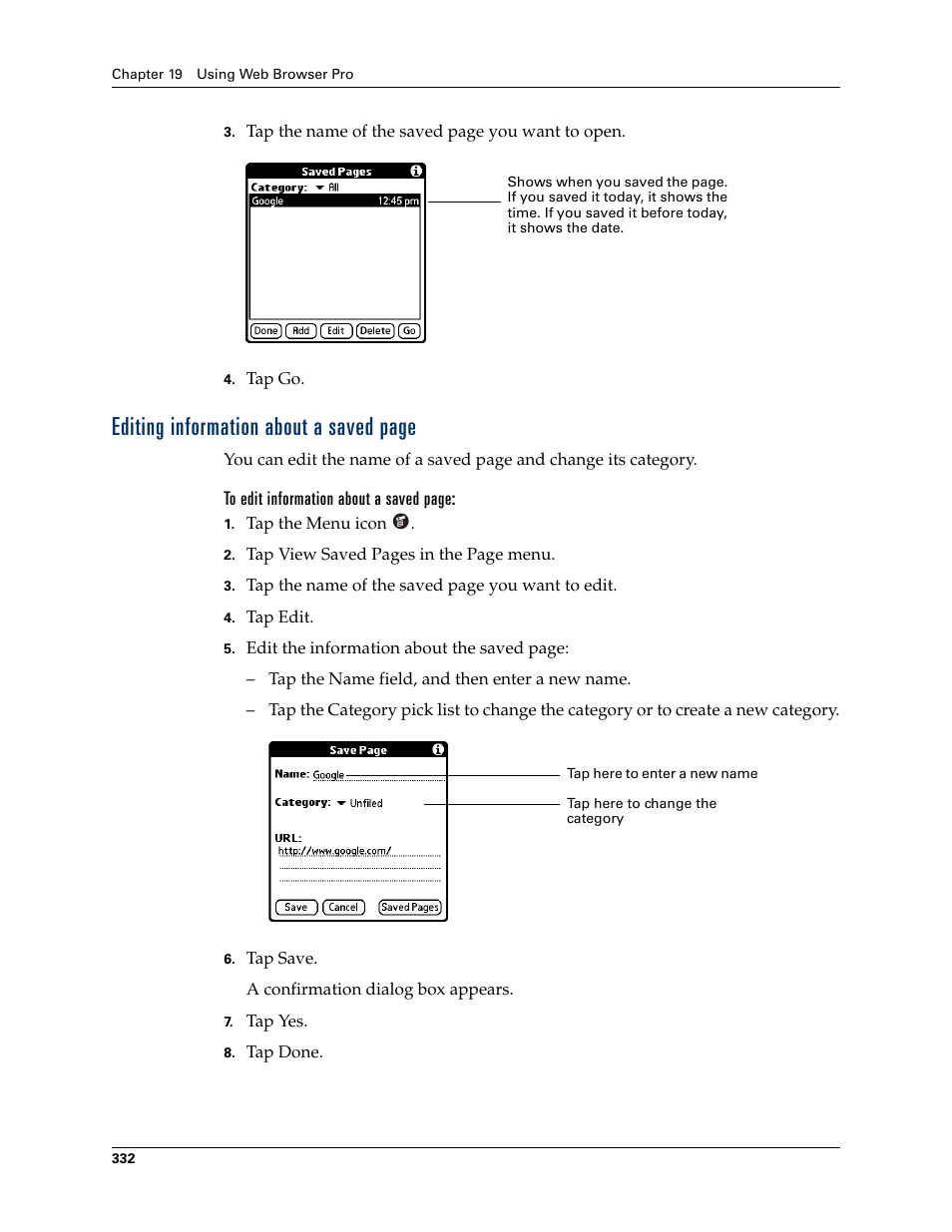 Editing information about a saved page | Palm TUNGSTEN T2 User Manual | Page 346 / 502