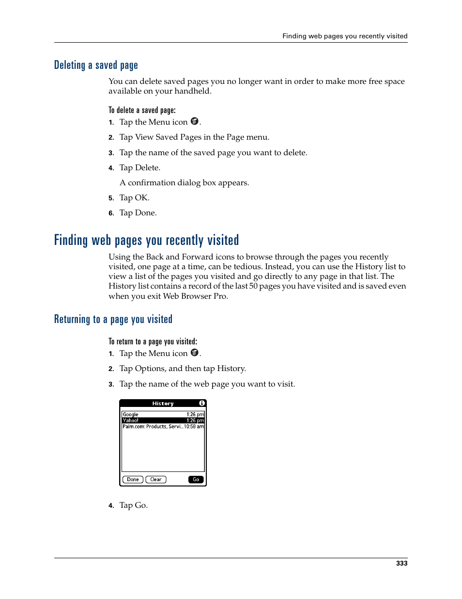 Finding web pages you recently visited, Deleting a saved page, Returning to a page you visited | Palm TUNGSTEN T2 User Manual | Page 347 / 502