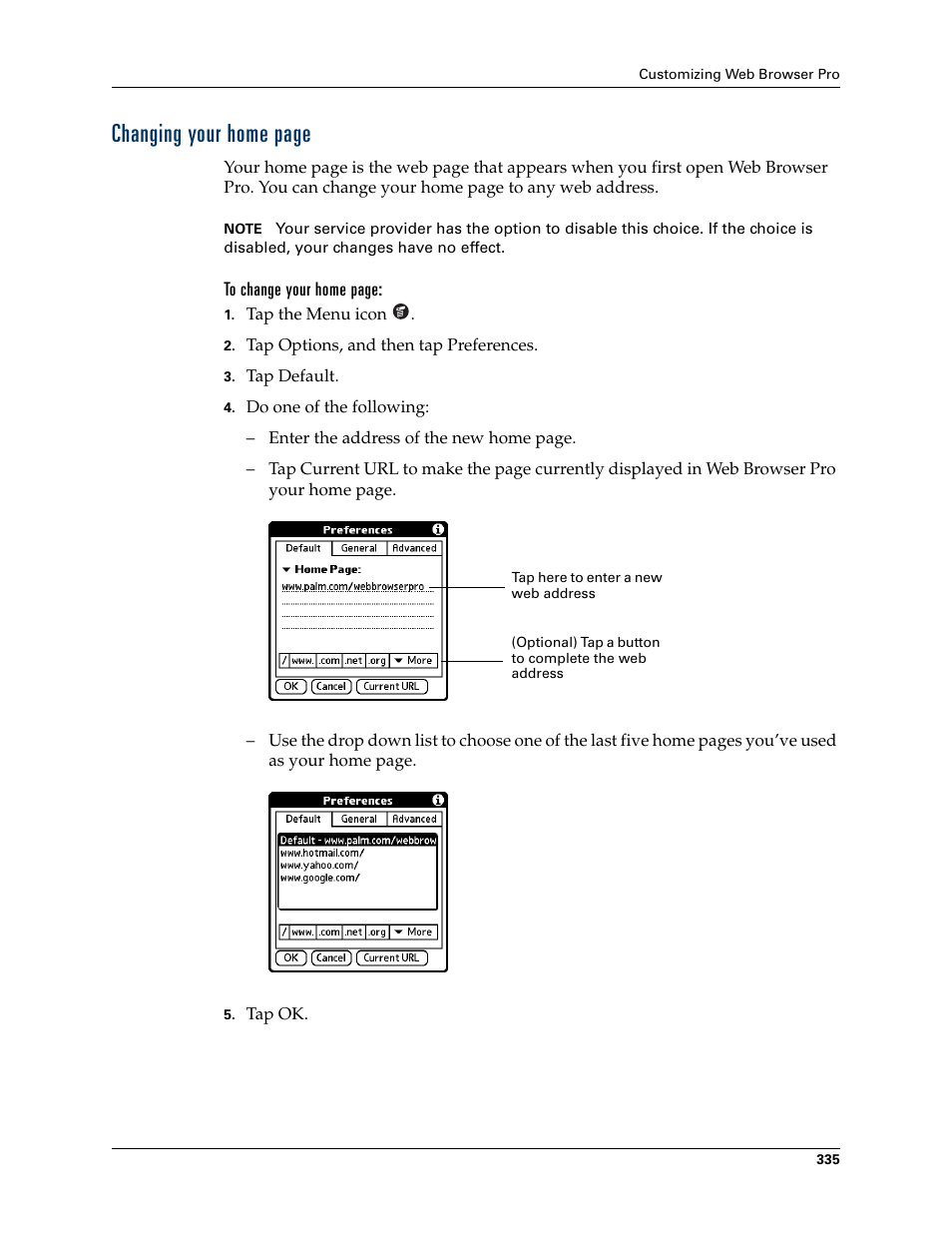 Changing your home, Changing your home page | Palm TUNGSTEN T2 User Manual | Page 349 / 502