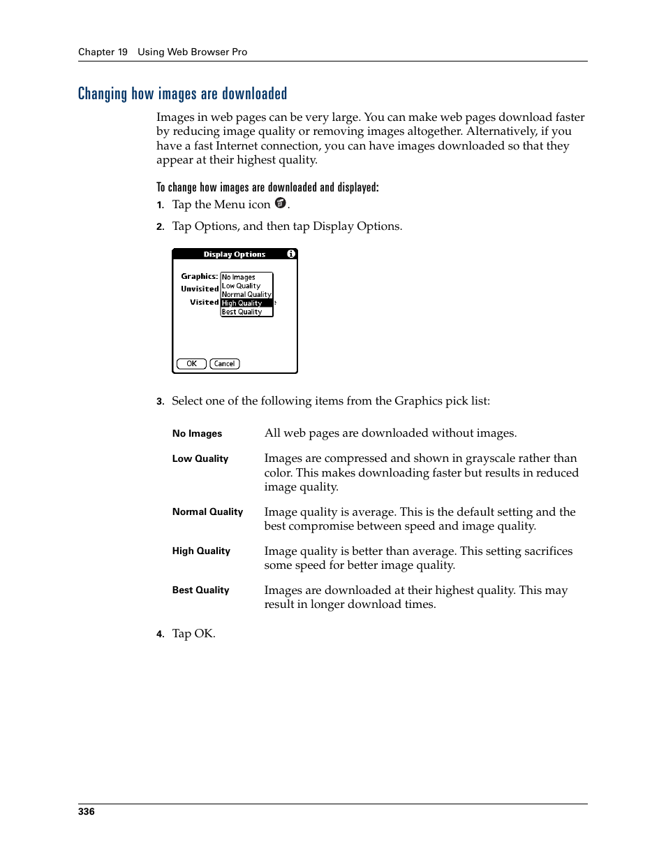 Changing how images are downloaded, To change how images are downloaded and displayed | Palm TUNGSTEN T2 User Manual | Page 350 / 502