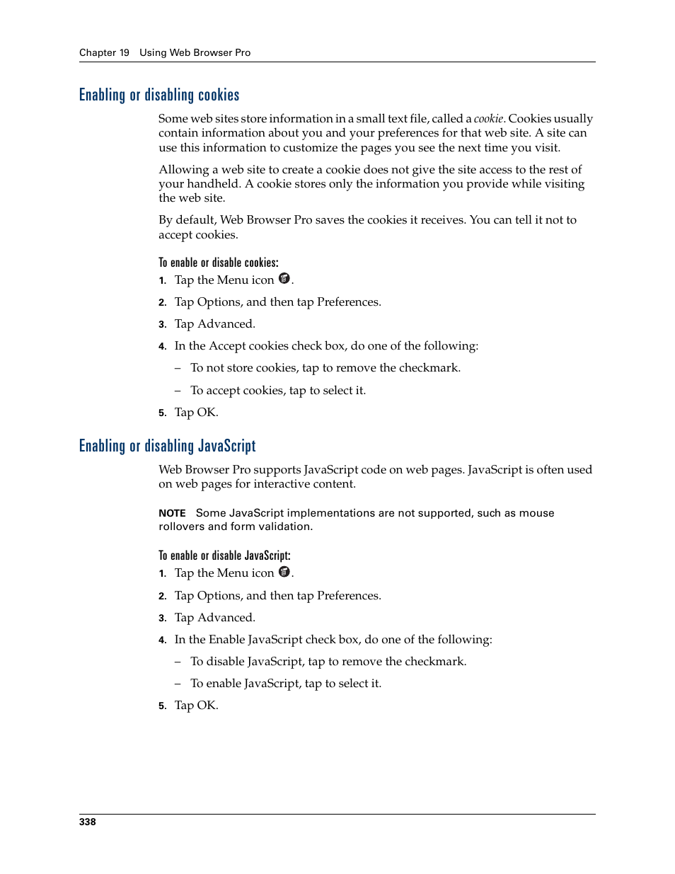 Enabling or disabling cookies, To enable or disable cookies, Enabling or disabling javascript | To enable or disable javascript | Palm TUNGSTEN T2 User Manual | Page 352 / 502