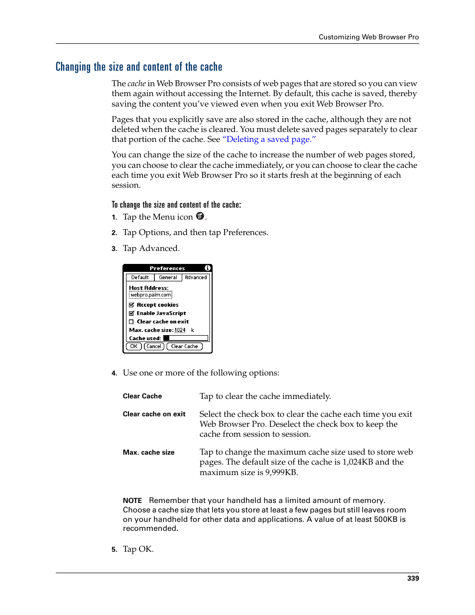 Changing the size and content of the cache, To change the size and content of the cache, Chapter 19 | Palm TUNGSTEN T2 User Manual | Page 353 / 502