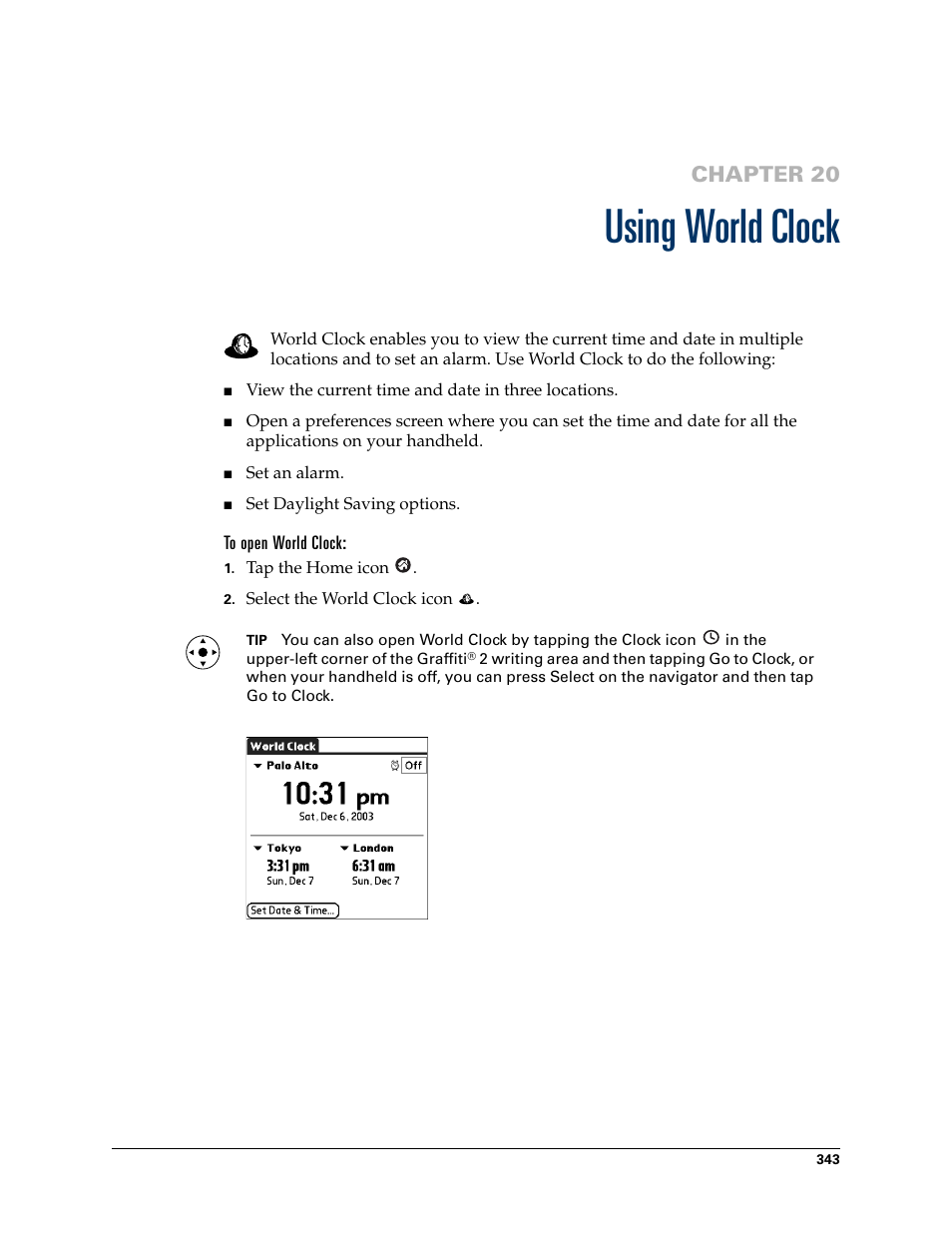 Using world clock, To open world clock, Chapter 20: using world clock | Chapter 20 | Palm TUNGSTEN T2 User Manual | Page 357 / 502