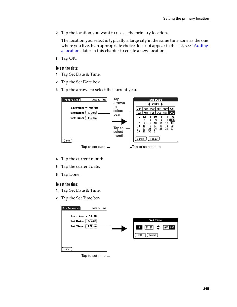 To set the date, To set the time | Palm TUNGSTEN T2 User Manual | Page 359 / 502