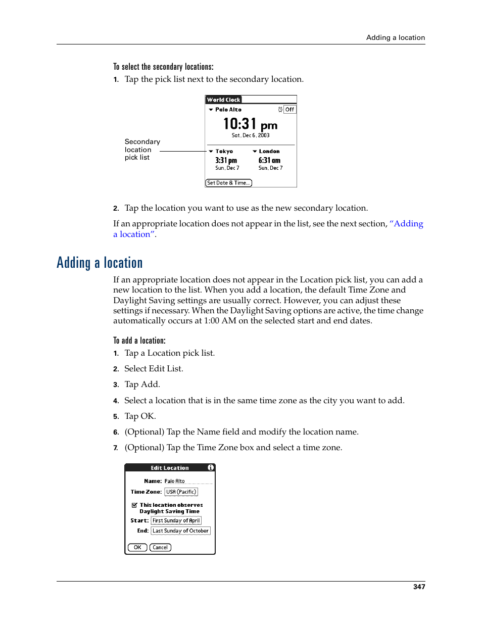 To select the secondary locations, Adding a location, To add a location | Palm TUNGSTEN T2 User Manual | Page 361 / 502