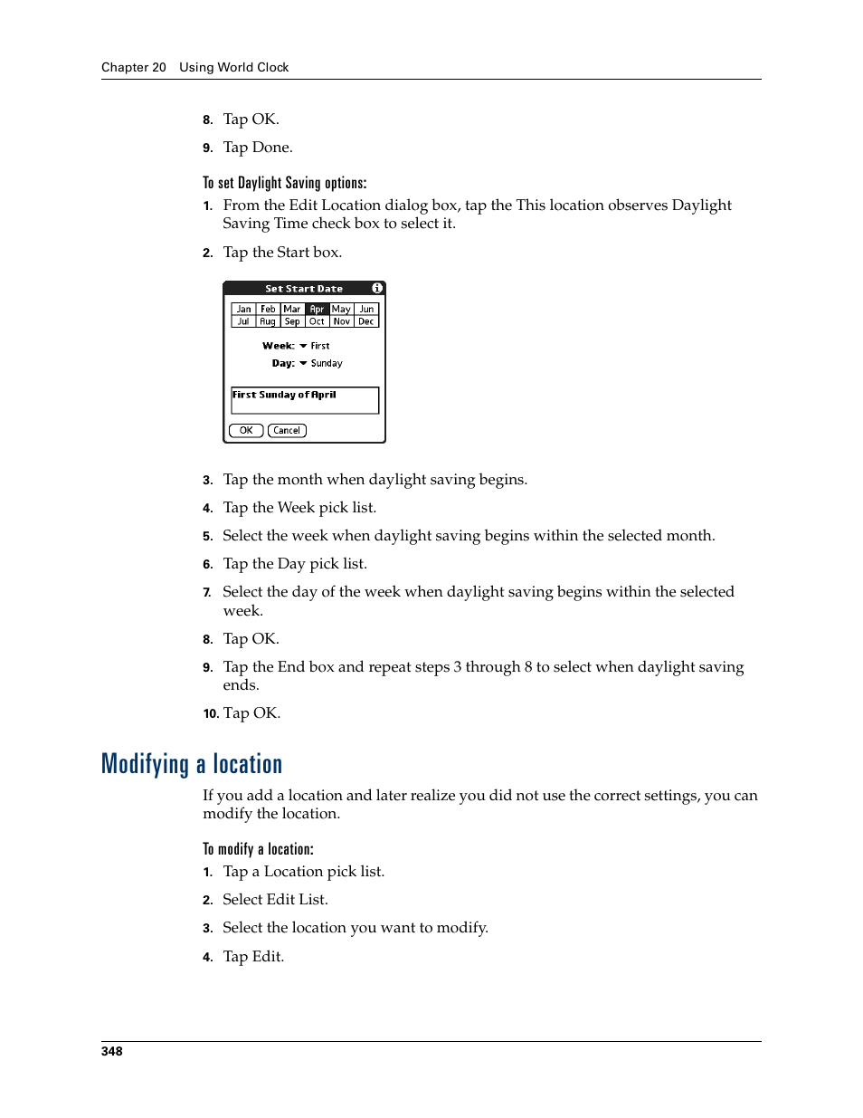 To set daylight saving options, Modifying a location, To modify a location | Palm TUNGSTEN T2 User Manual | Page 362 / 502