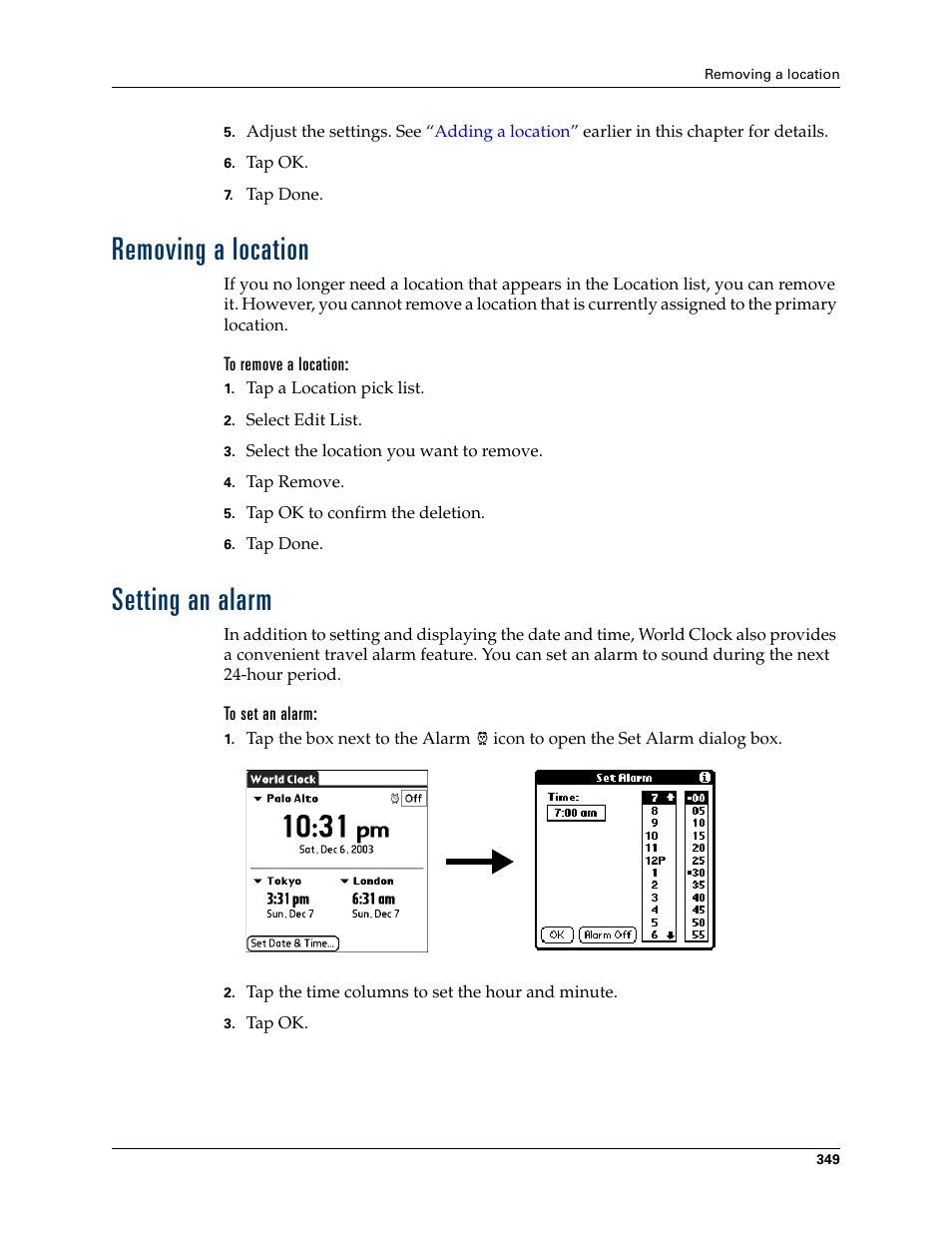 Removing a location, To remove a location, Setting an alarm | To set an alarm, Removing a location setting an alarm | Palm TUNGSTEN T2 User Manual | Page 363 / 502