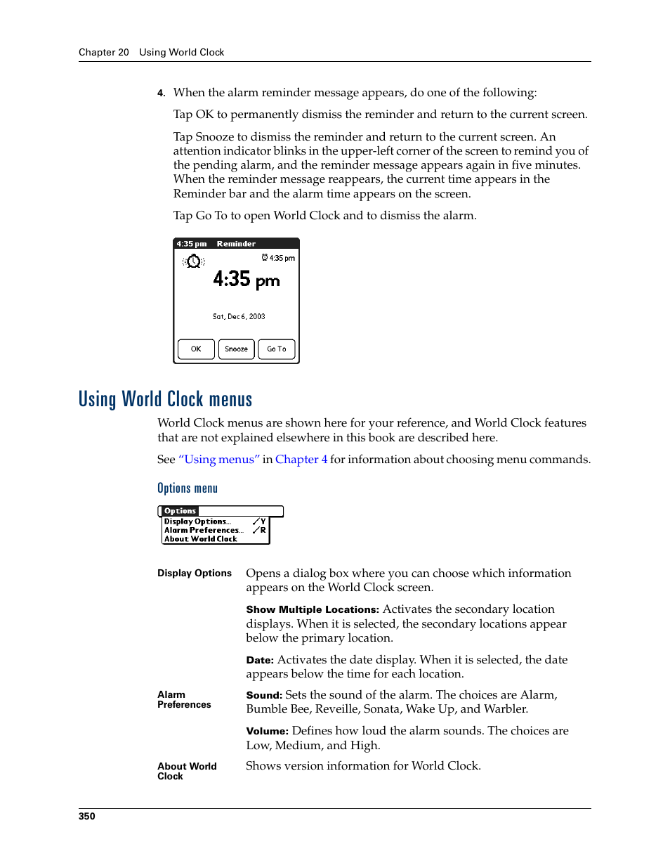 Using world clock menus, Options menu | Palm TUNGSTEN T2 User Manual | Page 364 / 502