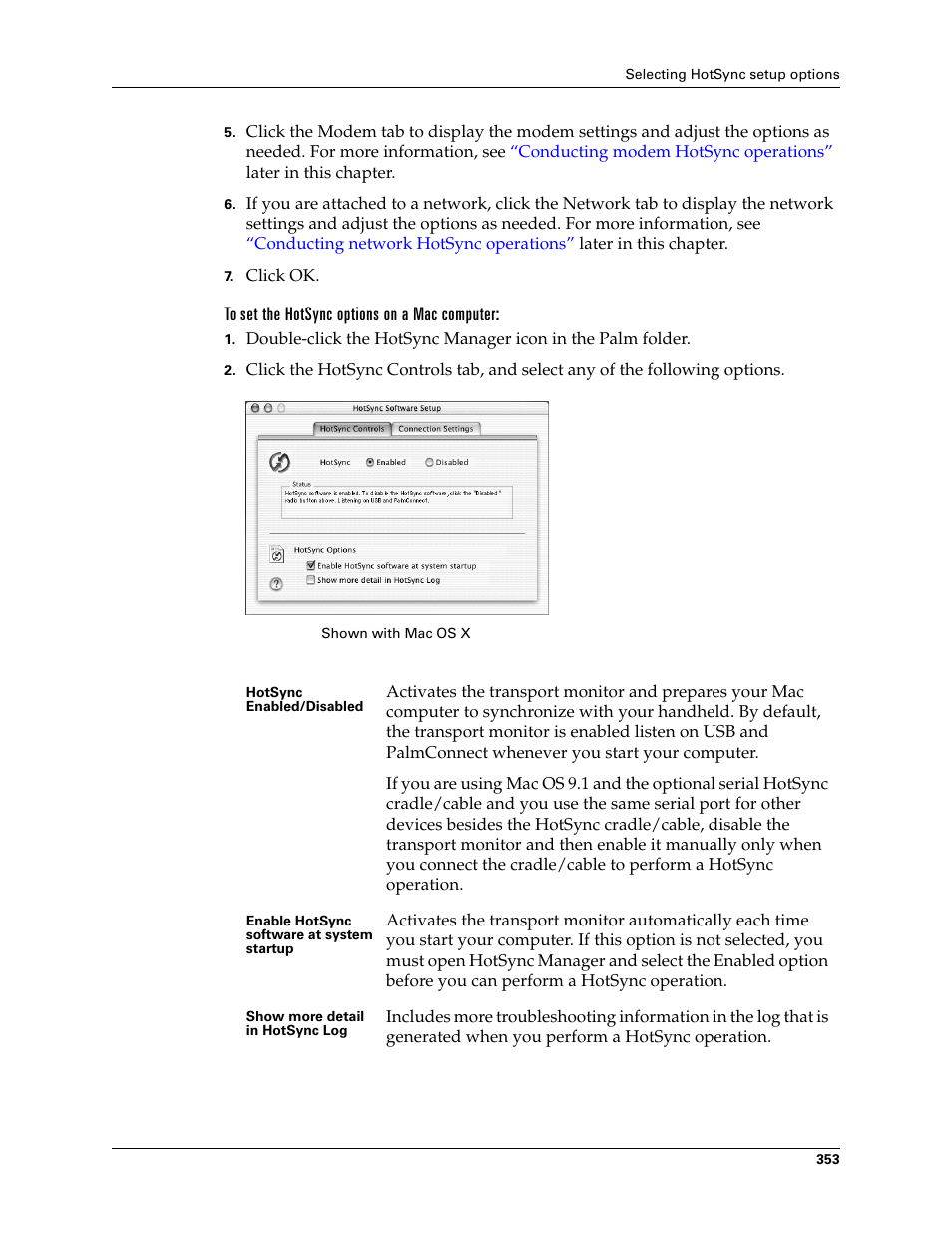 To set the hotsync options on a mac computer | Palm TUNGSTEN T2 User Manual | Page 367 / 502