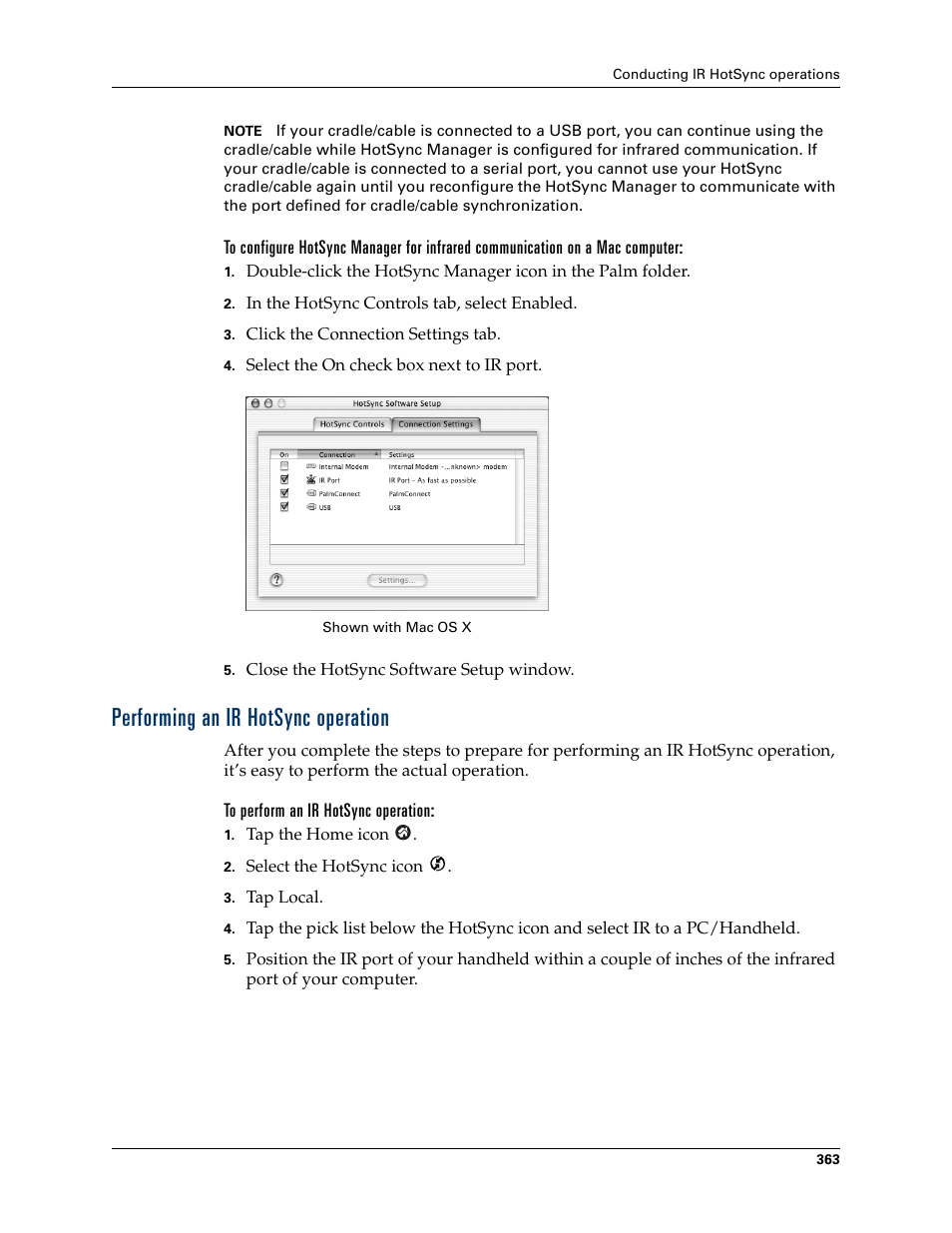 Performing an ir hotsync operation, To perform an ir hotsync operation | Palm TUNGSTEN T2 User Manual | Page 377 / 502
