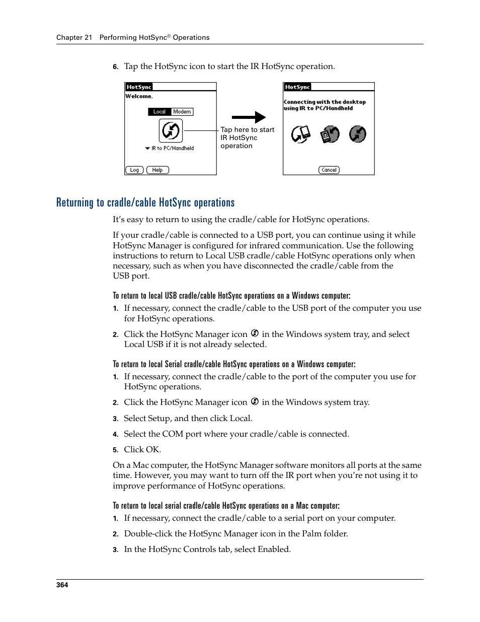 Returning to cradle/cable hotsync operations | Palm TUNGSTEN T2 User Manual | Page 378 / 502