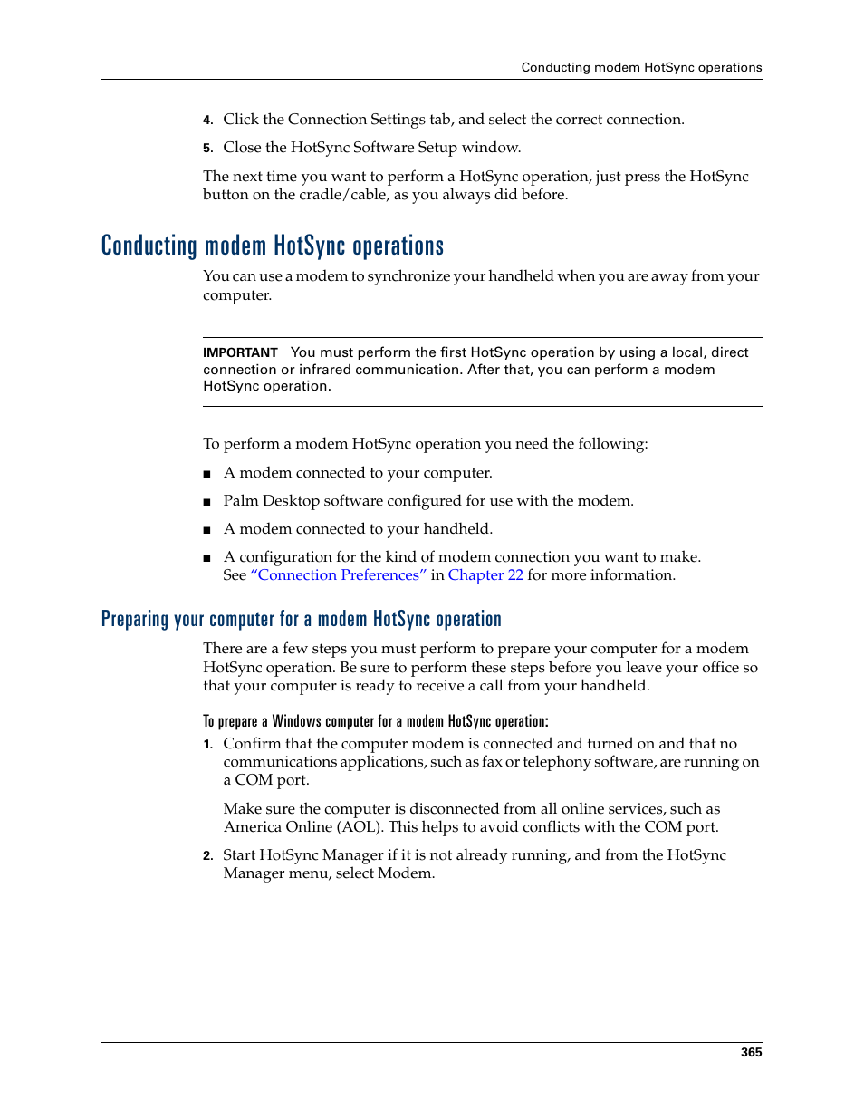 Conducting modem hotsync operations, Data services. see, Chapter 21 | Palm TUNGSTEN T2 User Manual | Page 379 / 502