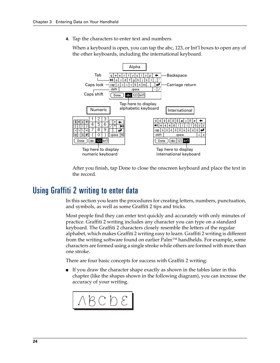 Using graffiti 2 writing to enter data, Chapter 3, To le | Palm TUNGSTEN T2 User Manual | Page 38 / 502