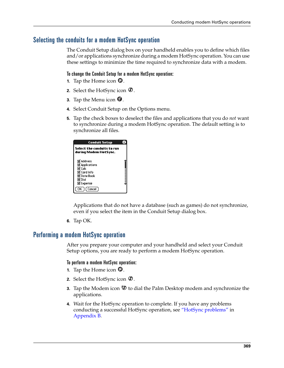 Performing a modem hotsync operation, To perform a modem hotsync operation | Palm TUNGSTEN T2 User Manual | Page 383 / 502