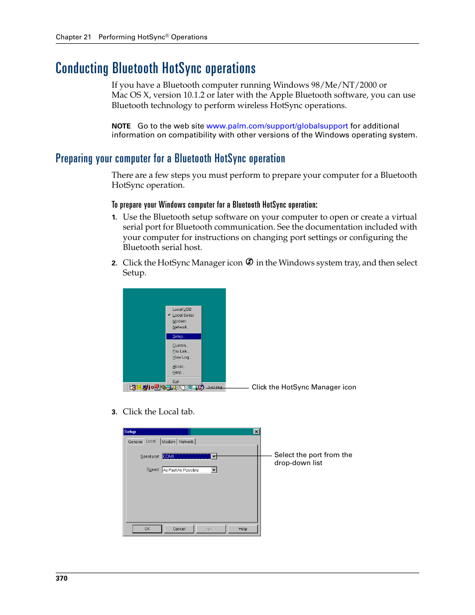 Conducting bluetooth hotsync operations | Palm TUNGSTEN T2 User Manual | Page 384 / 502