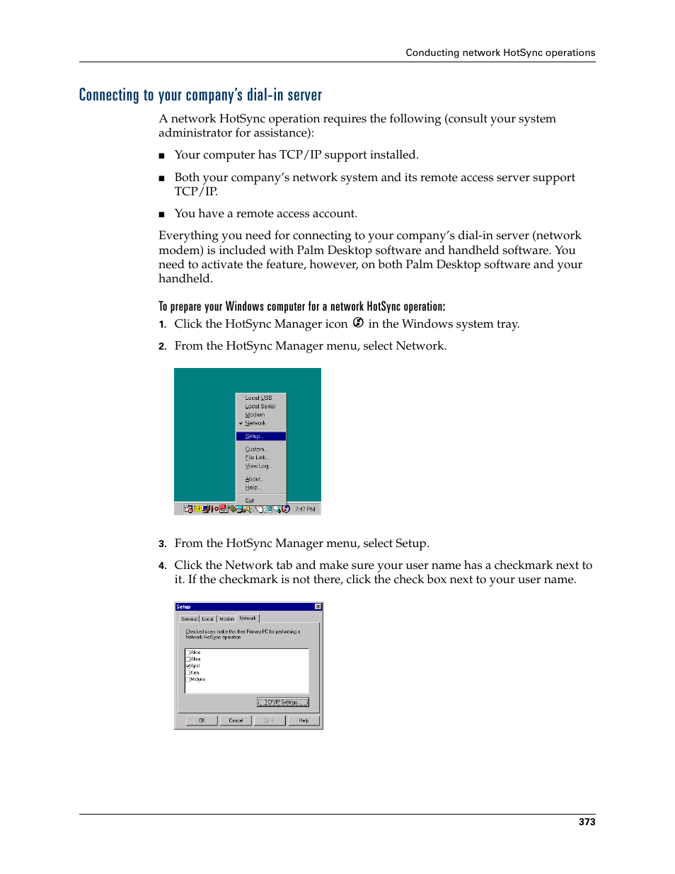 Connecting to your company’s dial-in server | Palm TUNGSTEN T2 User Manual | Page 387 / 502