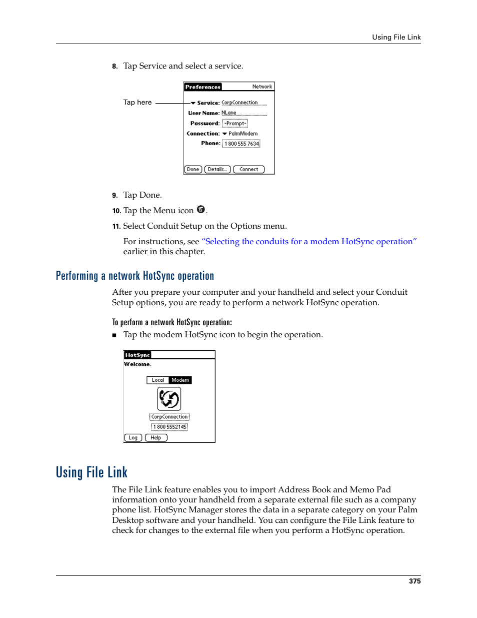 Performing a network hotsync operation, To perform a network hotsync operation, Using file link | Palm TUNGSTEN T2 User Manual | Page 389 / 502