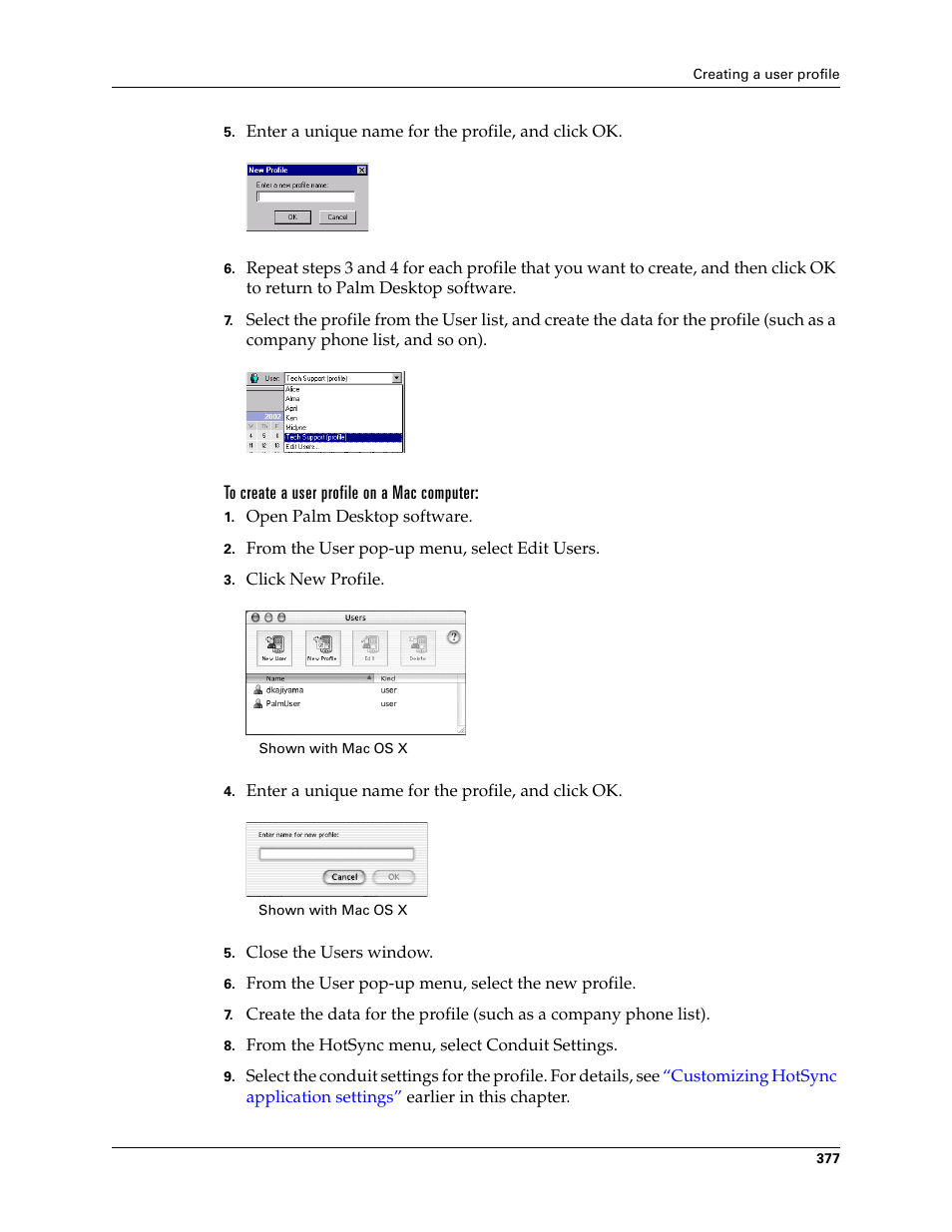 To create a user profile on a mac computer | Palm TUNGSTEN T2 User Manual | Page 391 / 502