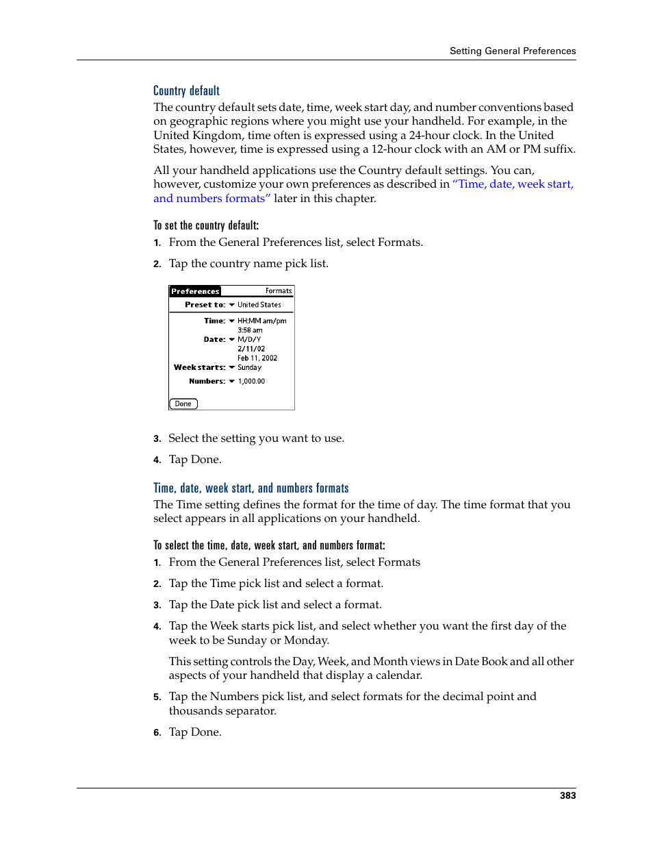 Country default, To set the country default, Time, date, week start, and numbers formats | Palm TUNGSTEN T2 User Manual | Page 397 / 502