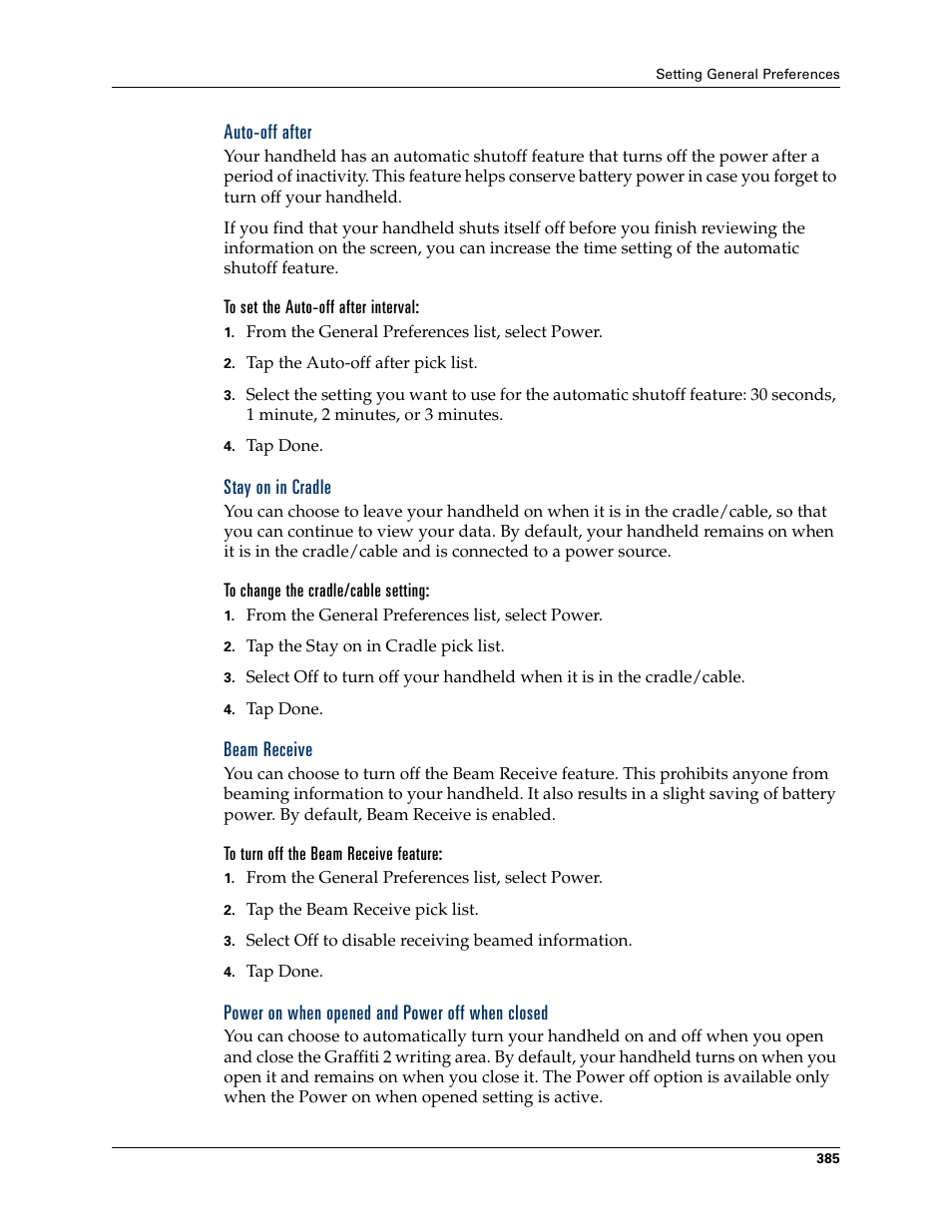 Auto-off after, To set the auto-off after interval, Stay on in cradle | To change the cradle/cable setting, Beam receive, To turn off the beam receive feature, Power on when opened and power off when closed | Palm TUNGSTEN T2 User Manual | Page 399 / 502