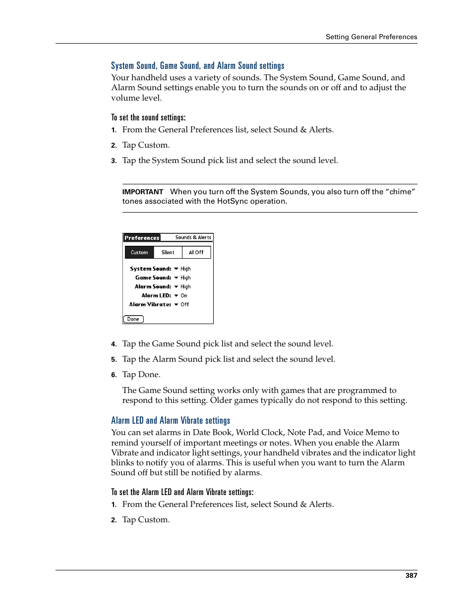 System sound, game sound, and alarm sound settings, To set the sound settings, Alarm led and alarm vibrate settings | To set the alarm led and alarm vibrate settings | Palm TUNGSTEN T2 User Manual | Page 401 / 502