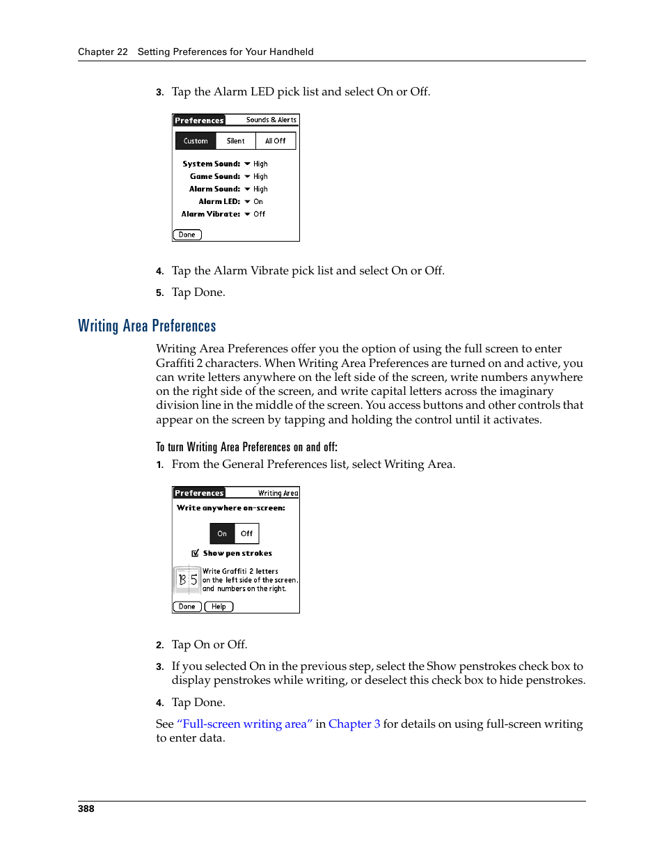 Writing area preferences, To turn writing area preferences on and off, Chapter 22 | Palm TUNGSTEN T2 User Manual | Page 402 / 502