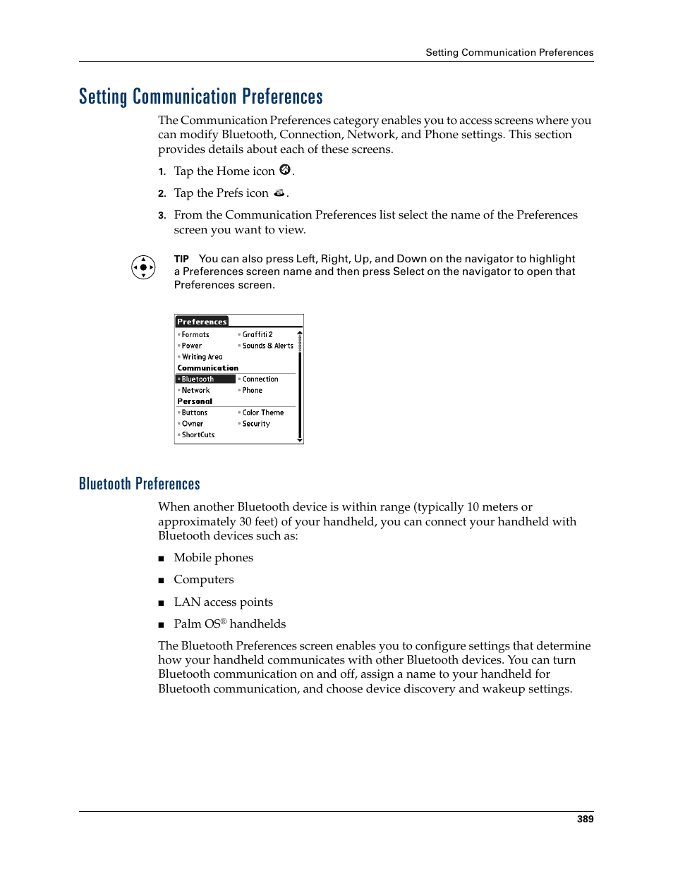 Setting communication preferences, Bluetooth preferences, Ings, see | Chapter 22, Held. see, For addit | Palm TUNGSTEN T2 User Manual | Page 403 / 502