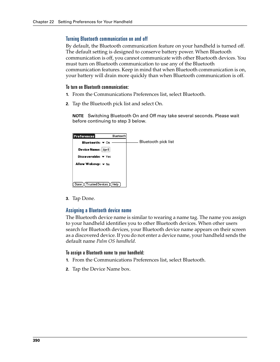 Turning bluetooth communication on and off, To turn on bluetooth communication, Assigning a bluetooth device name | To assign a bluetooth name to your handheld | Palm TUNGSTEN T2 User Manual | Page 404 / 502