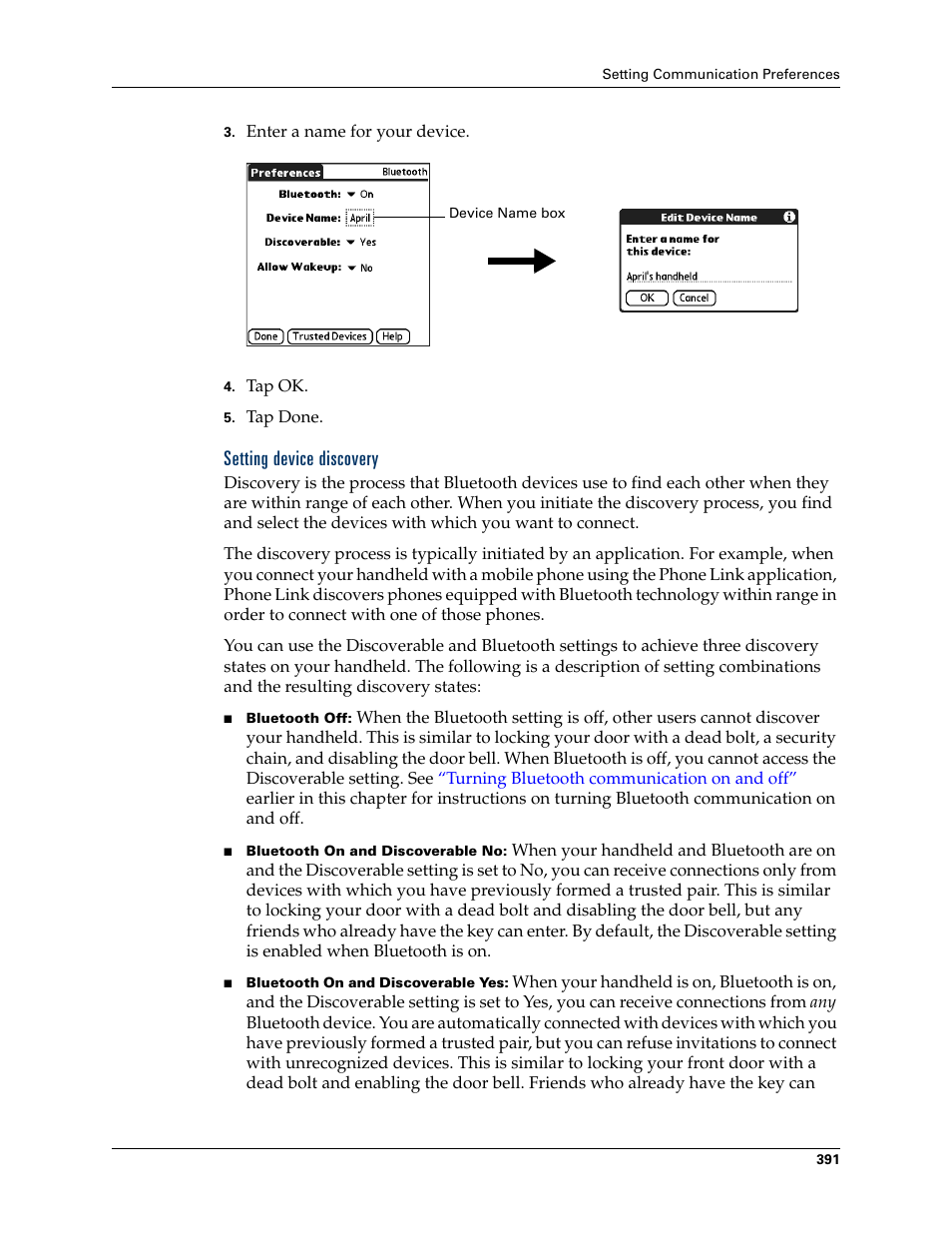 Setting device discovery | Palm TUNGSTEN T2 User Manual | Page 405 / 502