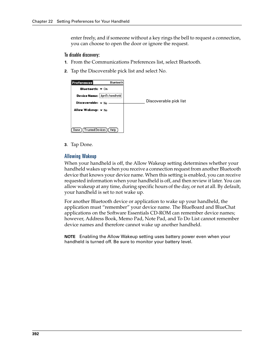 To disable discovery, Allowing wakeup | Palm TUNGSTEN T2 User Manual | Page 406 / 502