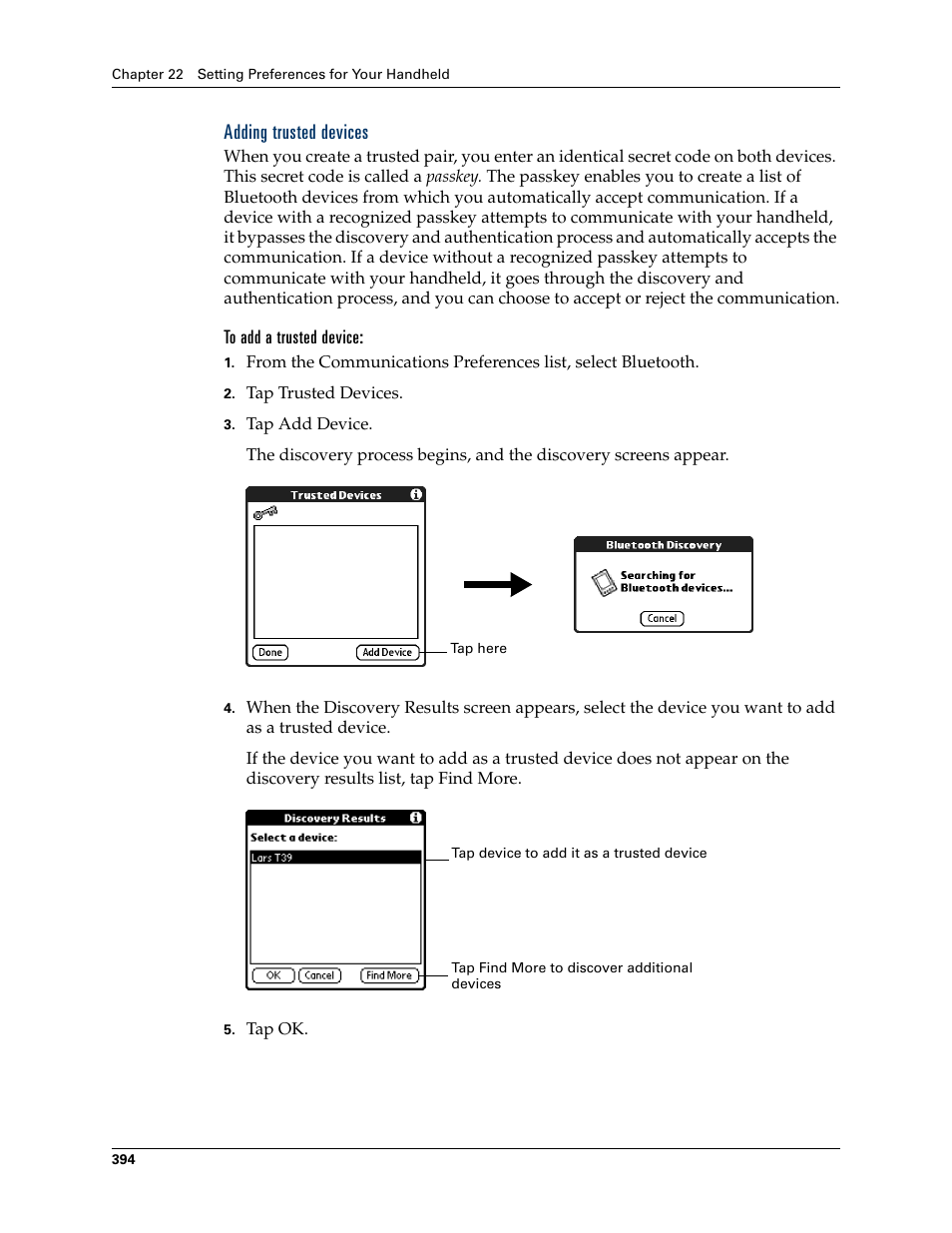 Adding trusted devices, To add a trusted device, Chapter 22 | Palm TUNGSTEN T2 User Manual | Page 408 / 502