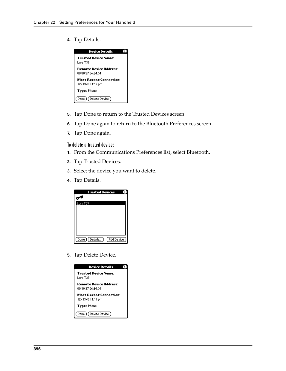 To delete a trusted device | Palm TUNGSTEN T2 User Manual | Page 410 / 502