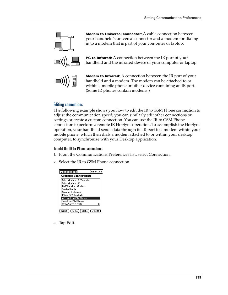 Editing connections, To edit the ir to phone connection | Palm TUNGSTEN T2 User Manual | Page 413 / 502