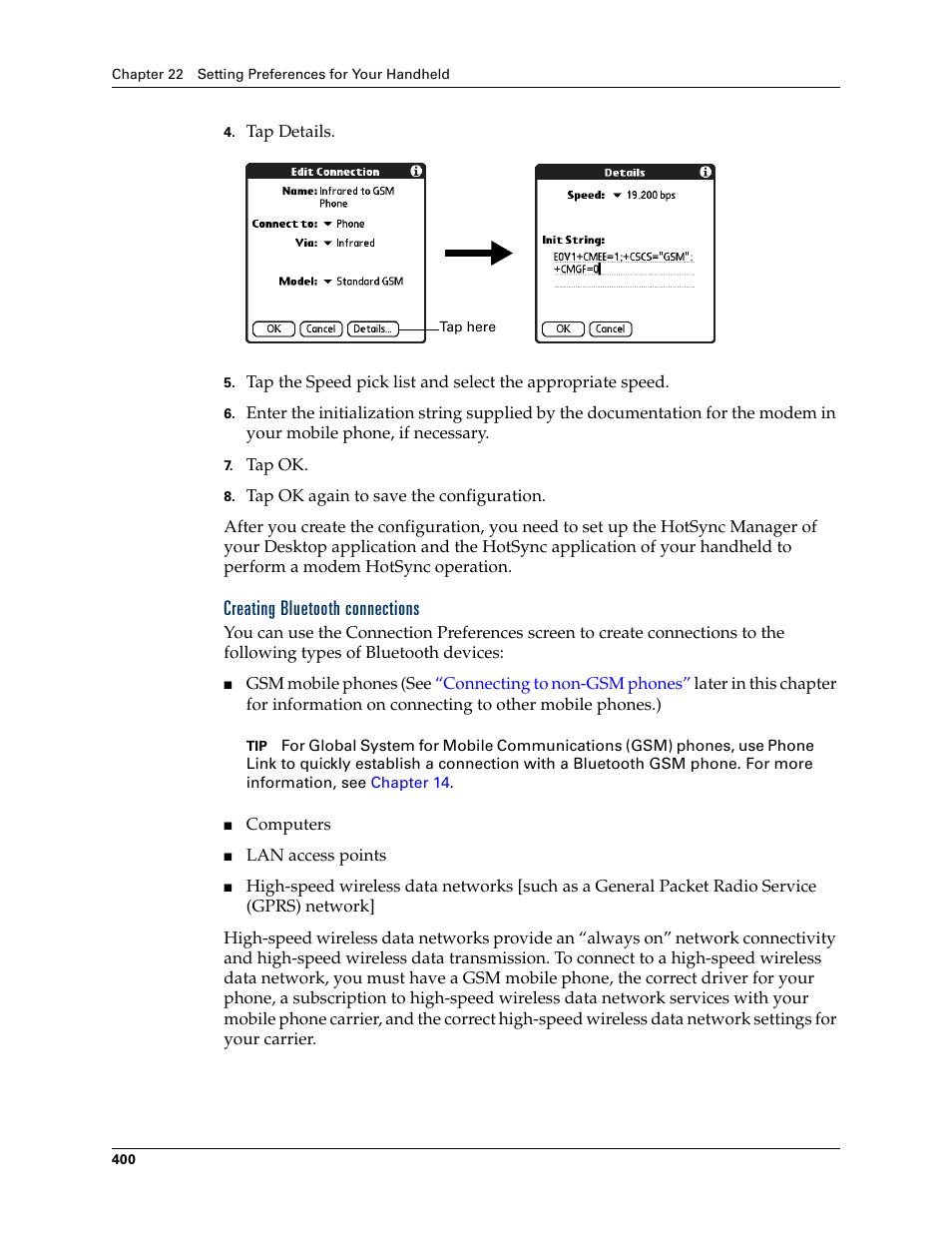Creating bluetooth connections, Chapter 22 | Palm TUNGSTEN T2 User Manual | Page 414 / 502