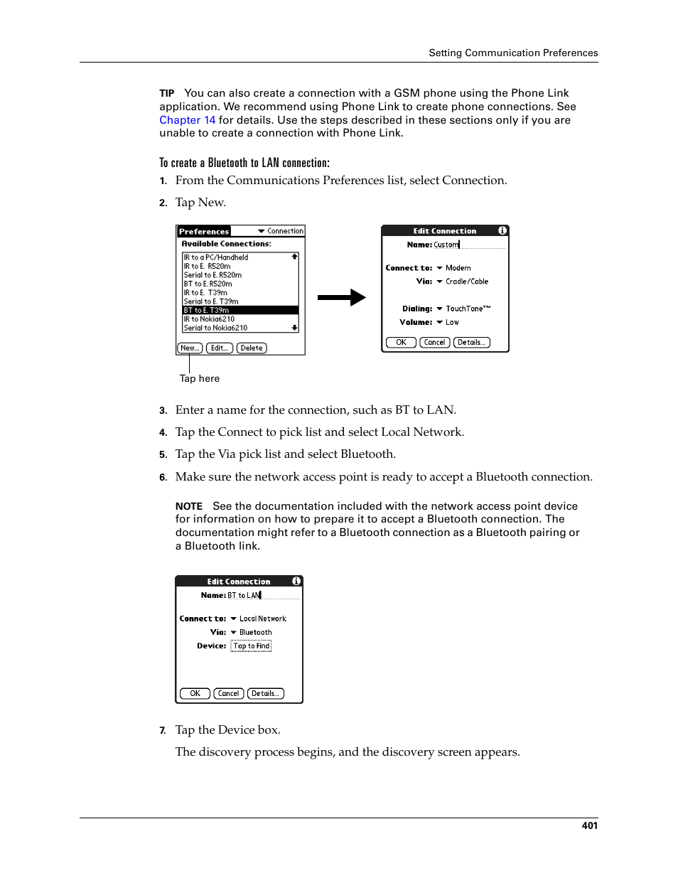 To create a bluetooth to lan connection | Palm TUNGSTEN T2 User Manual | Page 415 / 502