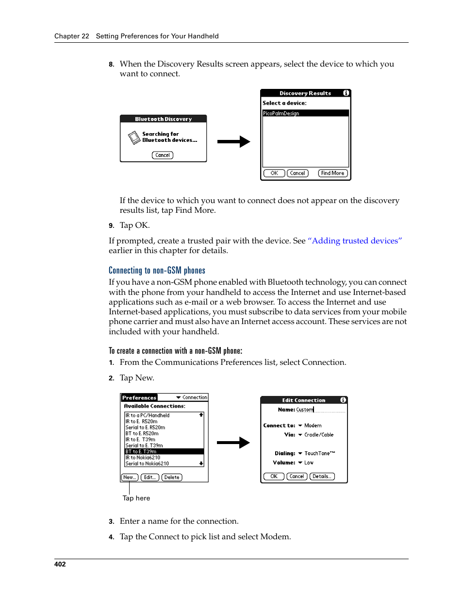 Connecting to non-gsm phones, To create a connection with a non-gsm phone | Palm TUNGSTEN T2 User Manual | Page 416 / 502