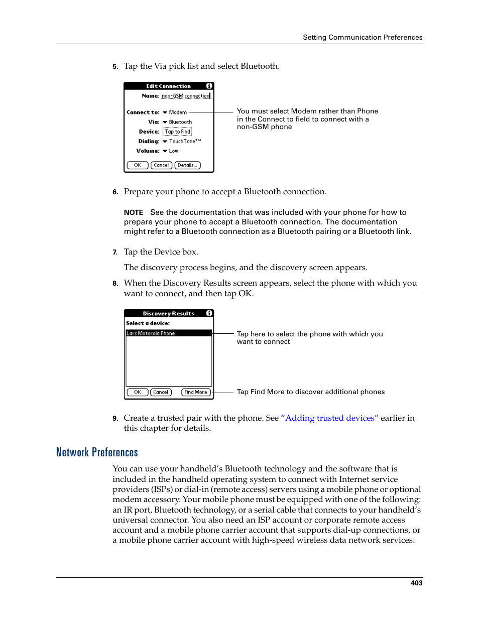 Network preferences, D see, Chapter 22 | Palm TUNGSTEN T2 User Manual | Page 417 / 502